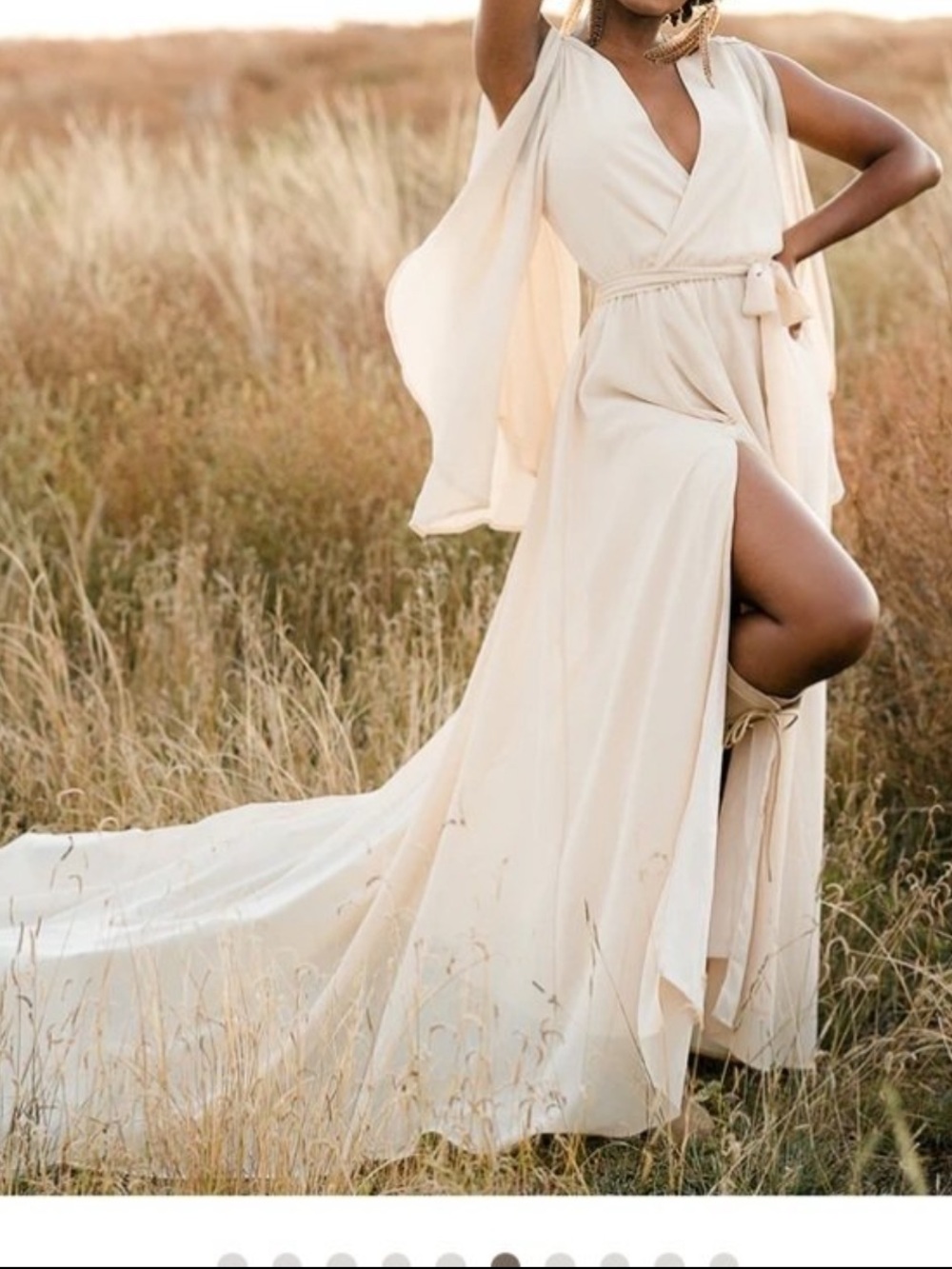 Joyfolie Cream V-Neck Maxi Gown with Side Slit